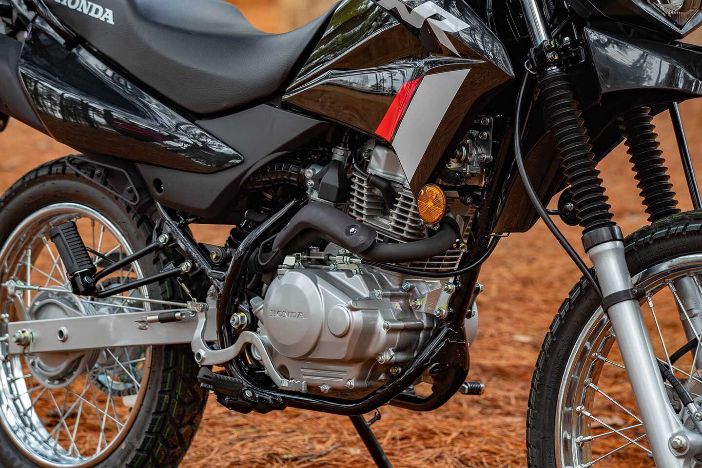 The XR150L uses a basic steel cradle frame and nonadjustable suspension (save preload in the rear).