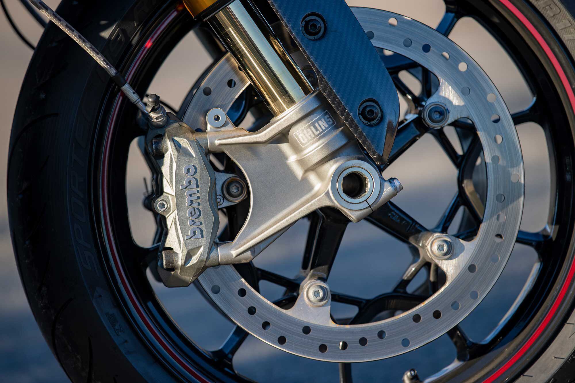 Dual hydraulic disc brakes from Brembo with cornering ABS shed speed from the 513-pound FTR Carbon R.
