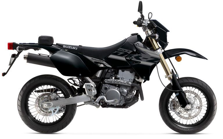 The 2024 Suzuki DR-Z400SM in Solid Black. Note the stylish painted rims on both color variants.