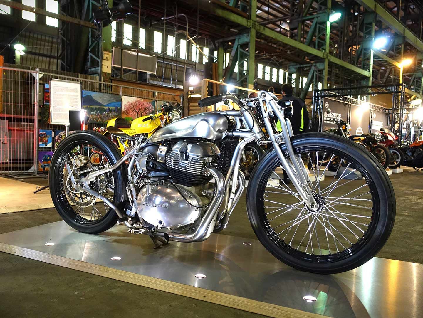 Show sponsor Royal Enfield gathered a slew of customs from around the world in its area, and this build called “Kamala,” also based on the brand’s 650 platform, was rendered by master metal magician Cristian Sosa.