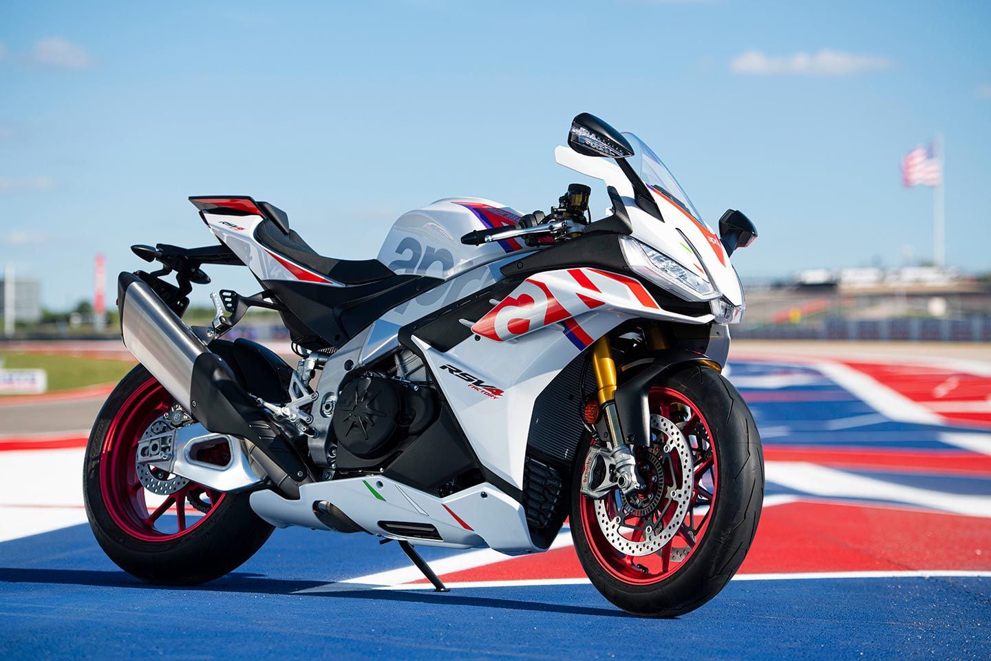 The limited-edition Aprilia RSV4 Factory Special Edition, luxuriating in turn 18 of Austin, Texas’ Circuit of The Americas track.