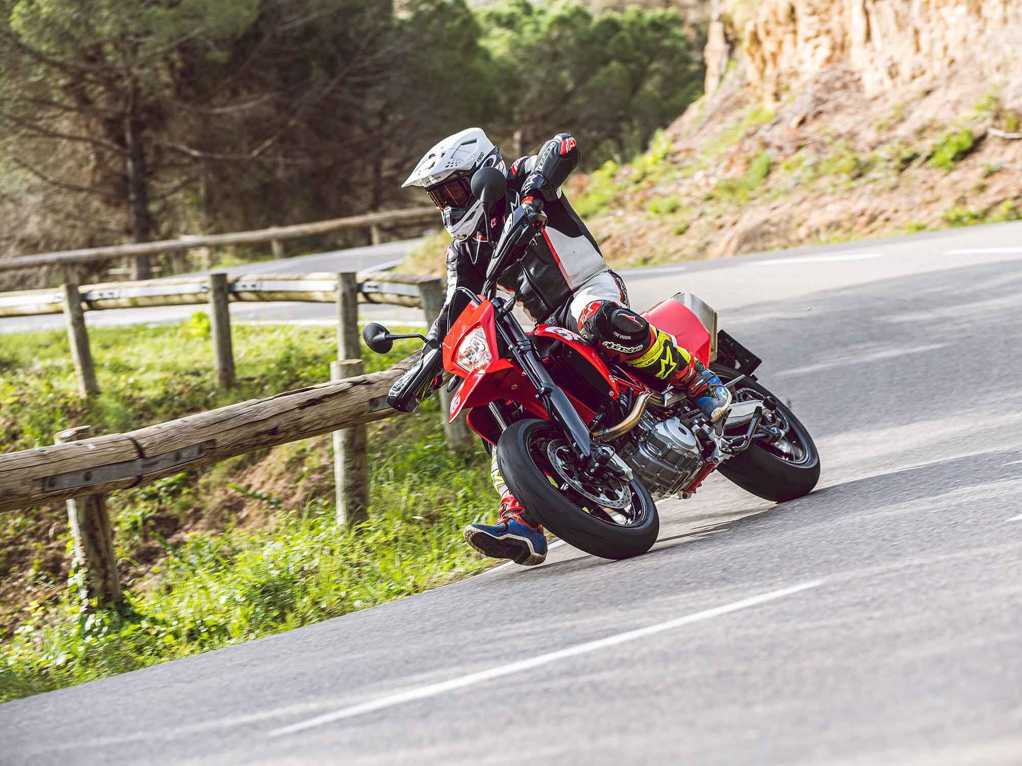 Should you wish, TC can be turned off, but it can’t be trimmed—it’s either Street or Supermoto or off. Cornering ABS can’t be switched off either, but the rear can be disengaged.