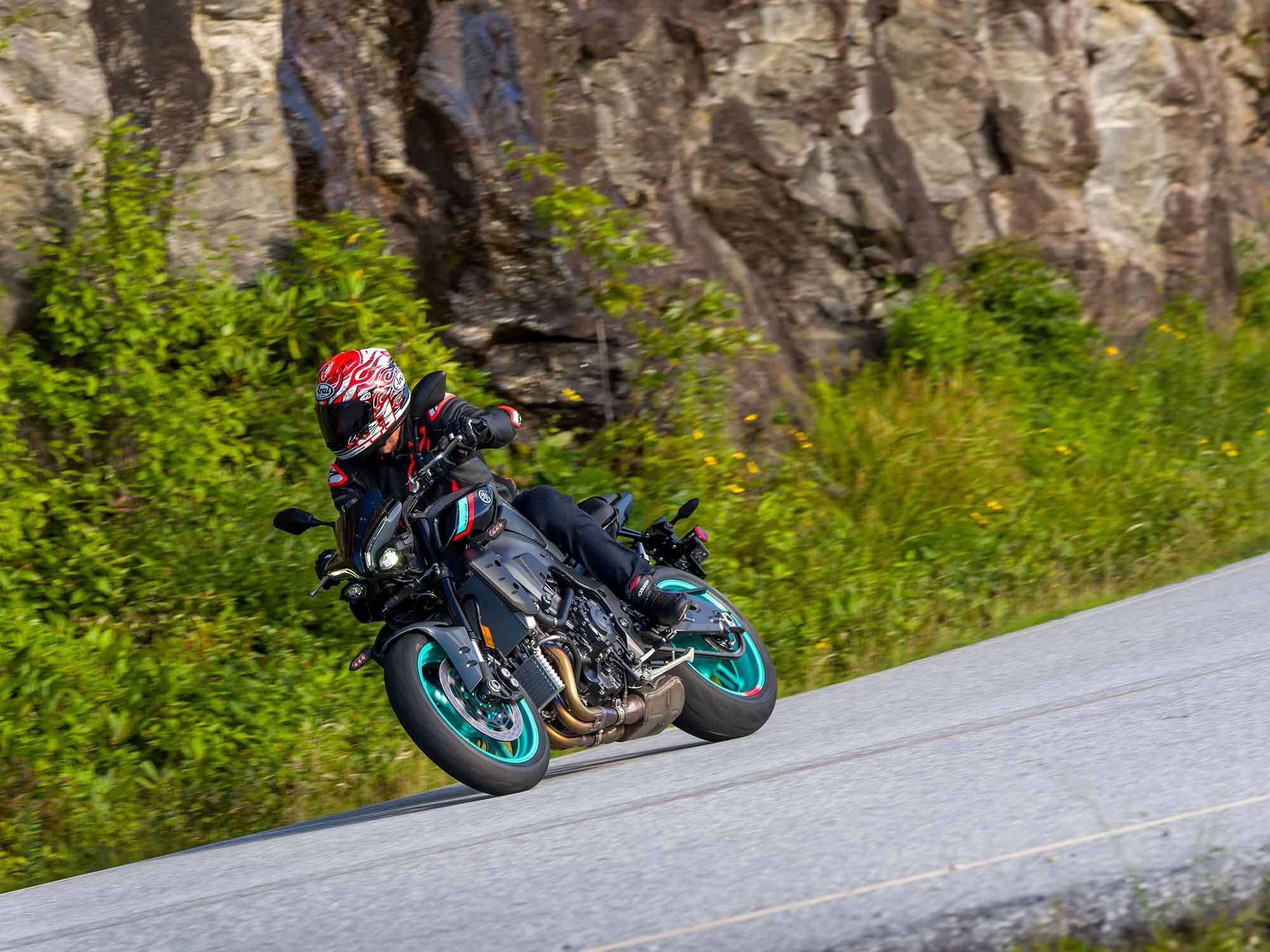 A capable chassis and exciting engine character combine to make the MT-10 a lot of fun to ride in the twisties.