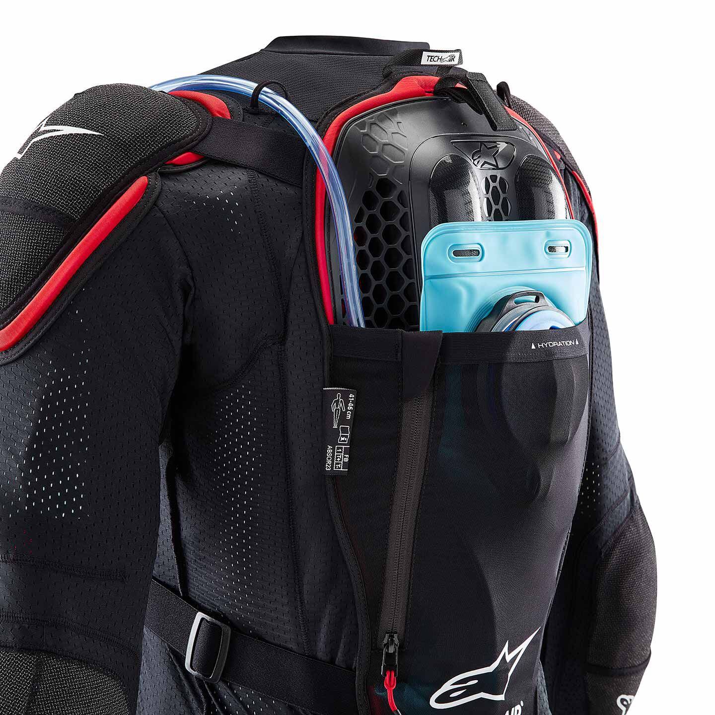 The Tech-Air off-road vest has an integrated pocket for carrying a drinking water bladder.
