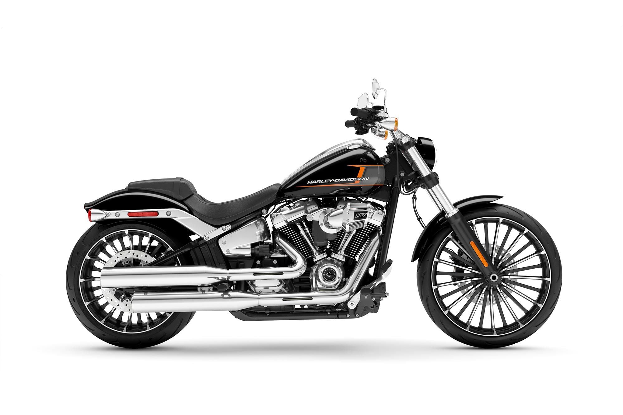 The 2023 Harley-Davidson Softail Breakout, in gloss black and orange logo colors.