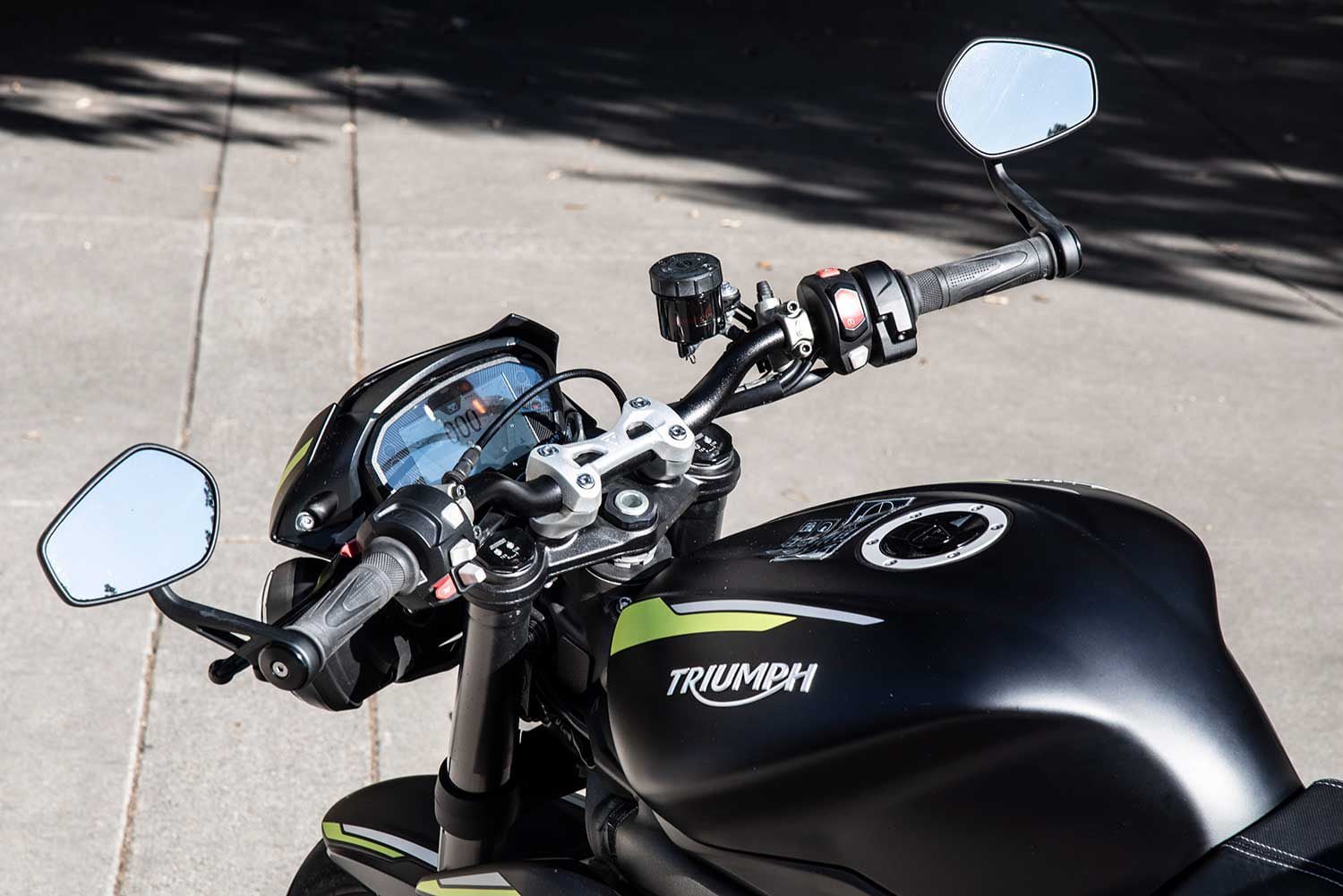 The Street Triple’s cockpit is clean and unpretentious, though the instrument screen’s menu structure and graphics can be complicated— at least it can be angled to avoid glare.