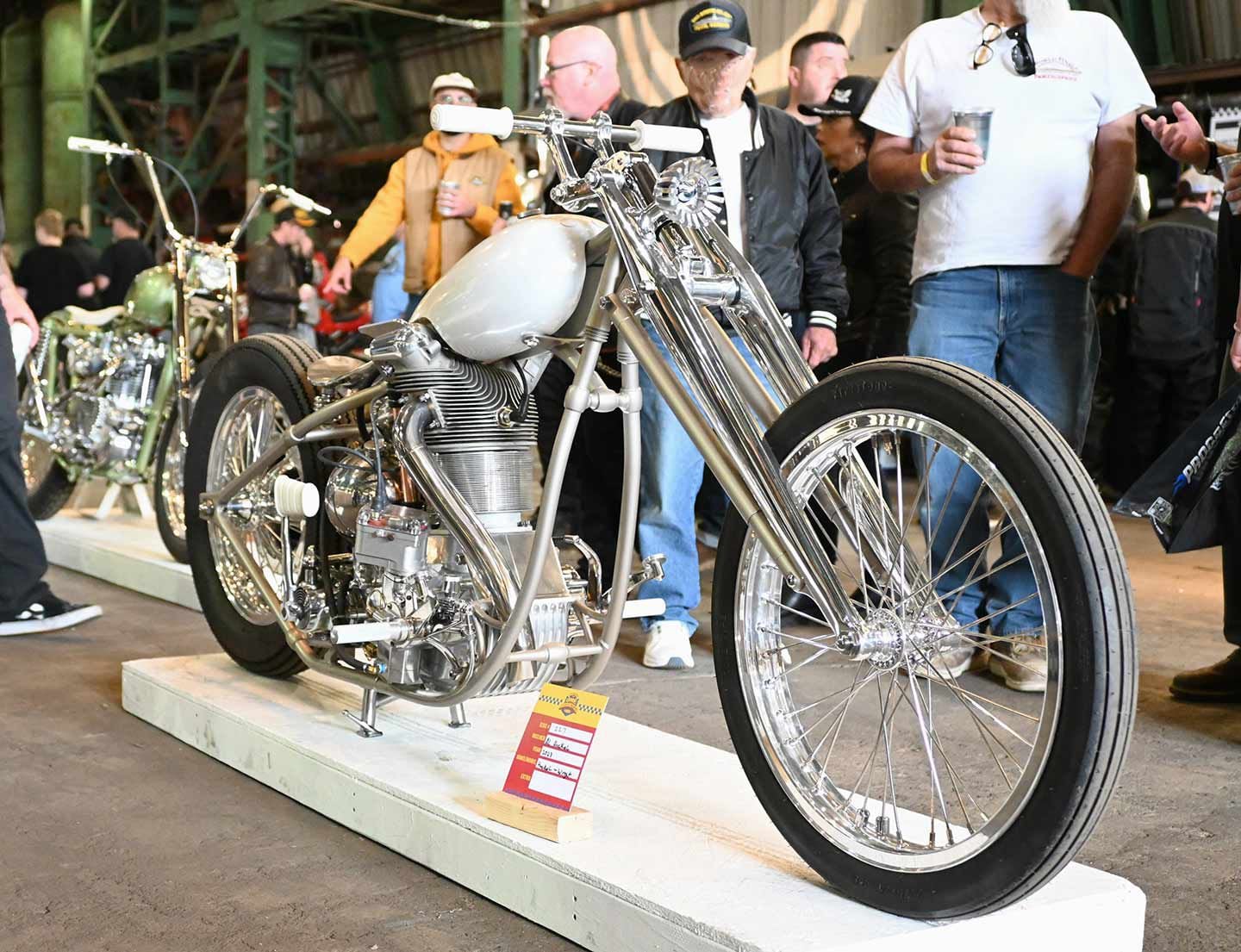 Al Hackel’s custom won the This Is A Bad Idea award for his scratch-built custom powered by a cast-off cylinder from a helicopter engine. “I originally wanted a Knucklehead, but they were too expensive,” he told Thor Drake as he accepted the award.