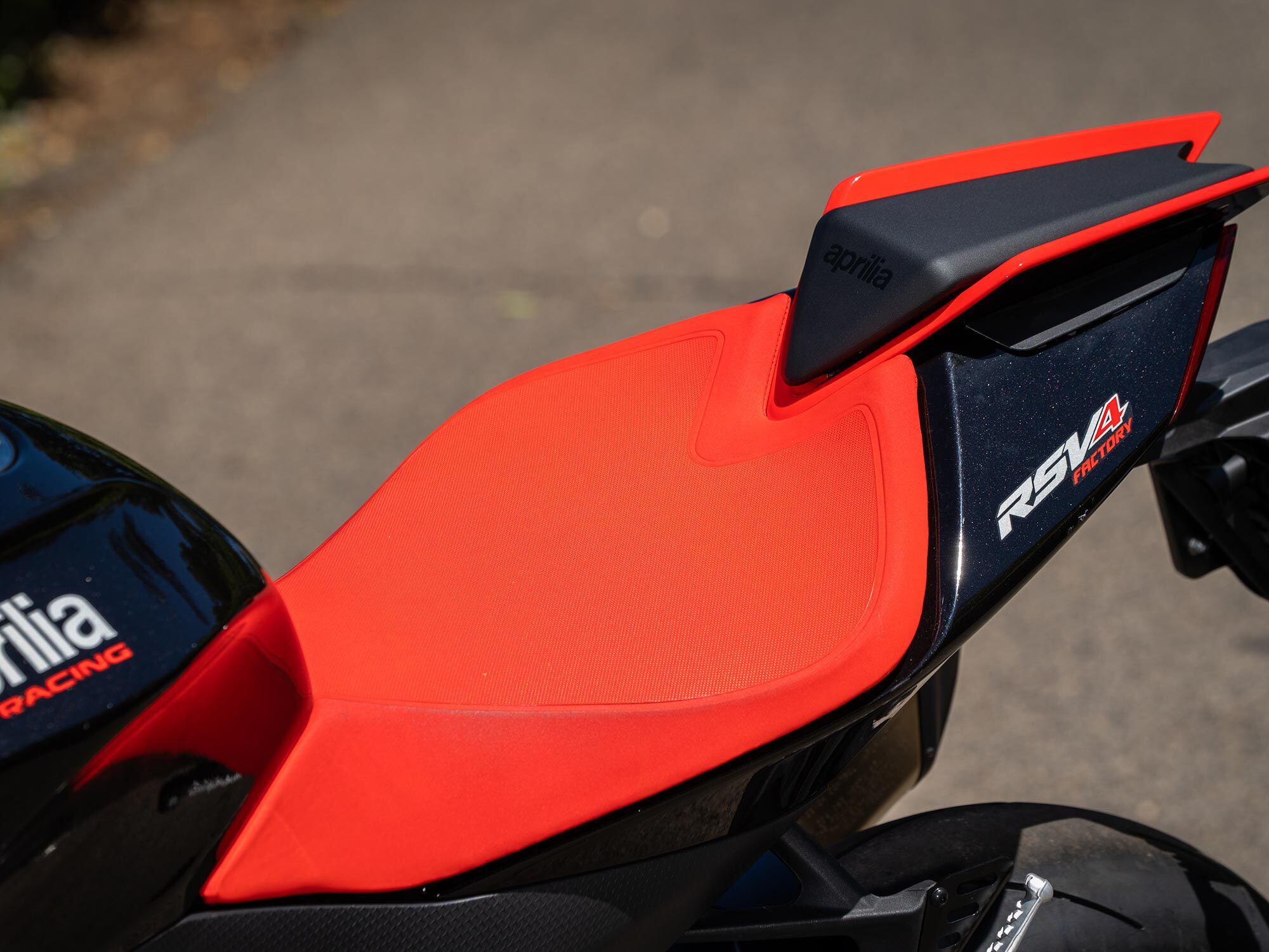 The RSV4 Factory’s saddle proved surprisingly comfortable. We also appreciate the grippy seat material.
