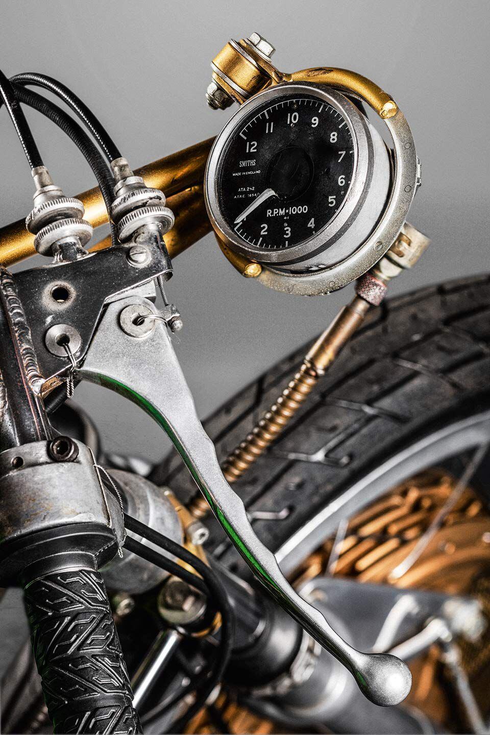 Detail of 1968 Paton 500 Bicilindrica works Grand Prix racer’s Smiths tachometer and right-side handlebar.