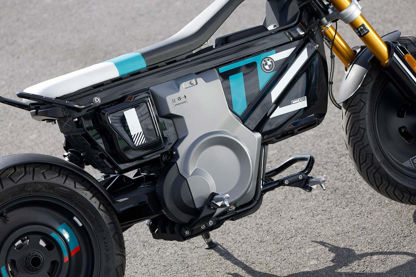 The CE 02 uses two removable lithium-ion batteries to power the air-cooled synchronous motor; the standard external charger will get them to an 80 percent charge in about three hours.