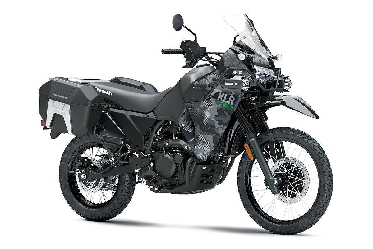 The popular KLR650 returns for 2023, with four trims available. Shown is the 650 Adventure model.