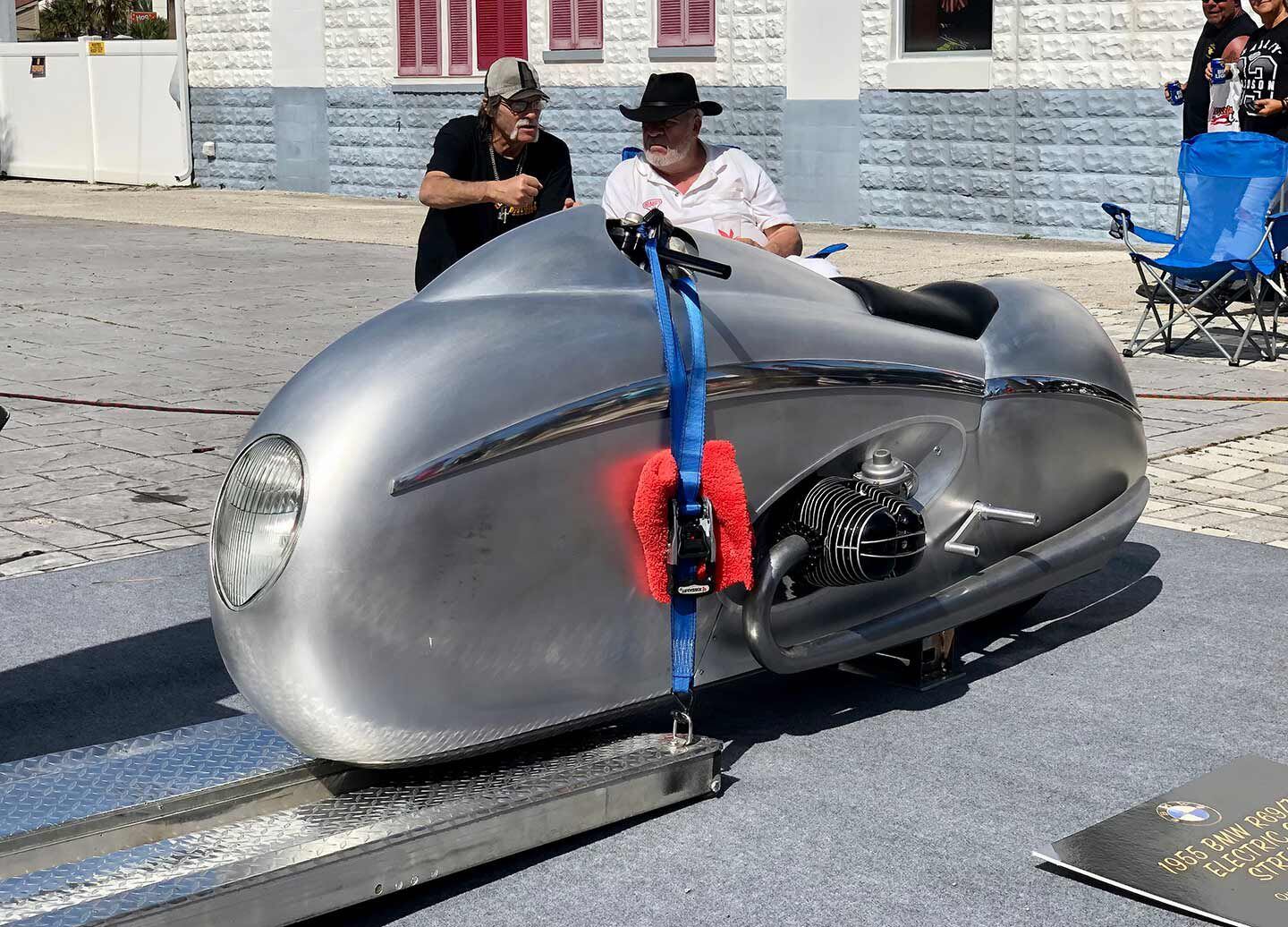 Underneath that aluminum body we’re told there’s a 1955 BMW R69/75 electric-start streamliner fabricated by panel-beater Kyle Yocum of Yocum’s Signature Hot Rods.