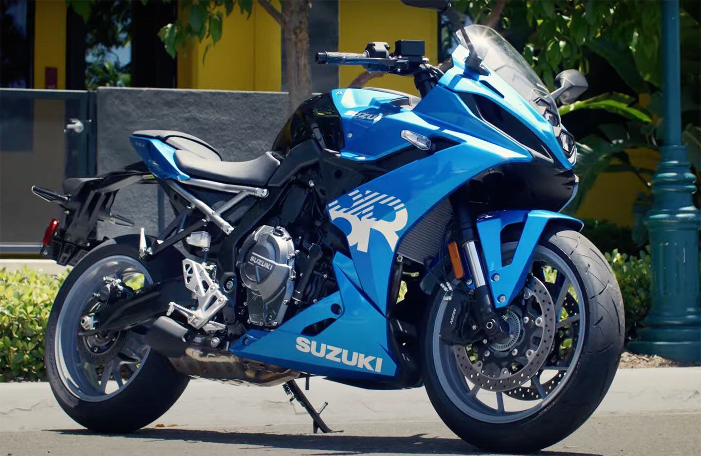 The 2024 Suzuki GSX-8R. Note the GSX-8S-inspired graphics along with by now traditional Metallic Triton Blue.