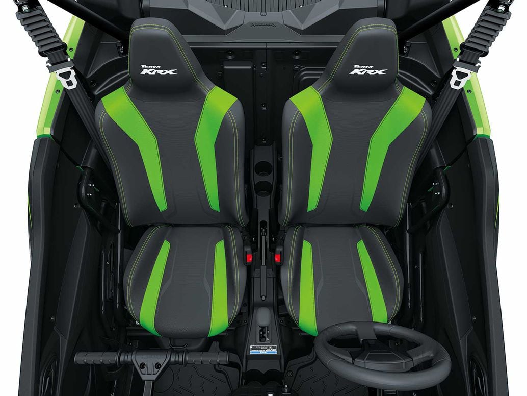 Inside the 2020 Kawasaki Teryx KRX 1000 passenger comfort is on display starting with nice bucket seats, three-point seat belts, doors that open normally with armrests and cupholders, plus the opening is large and easy to get in and out of.