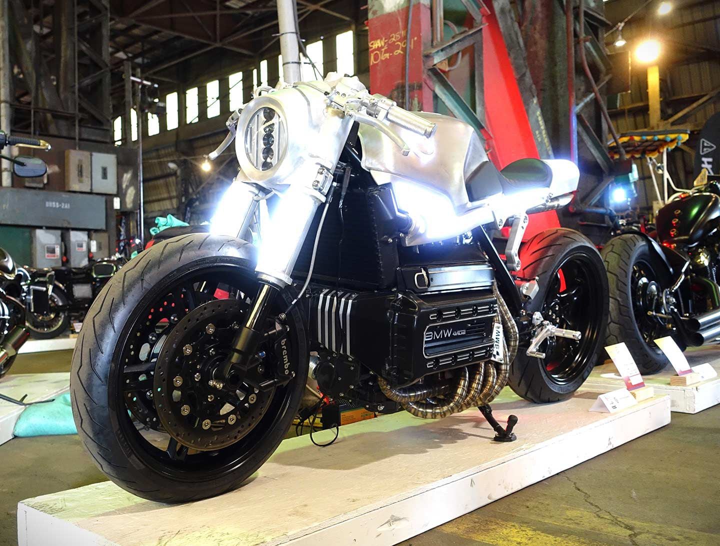 At the internal Direct Current Show, which featured primarily e-moto customs, this lit-up BMW 