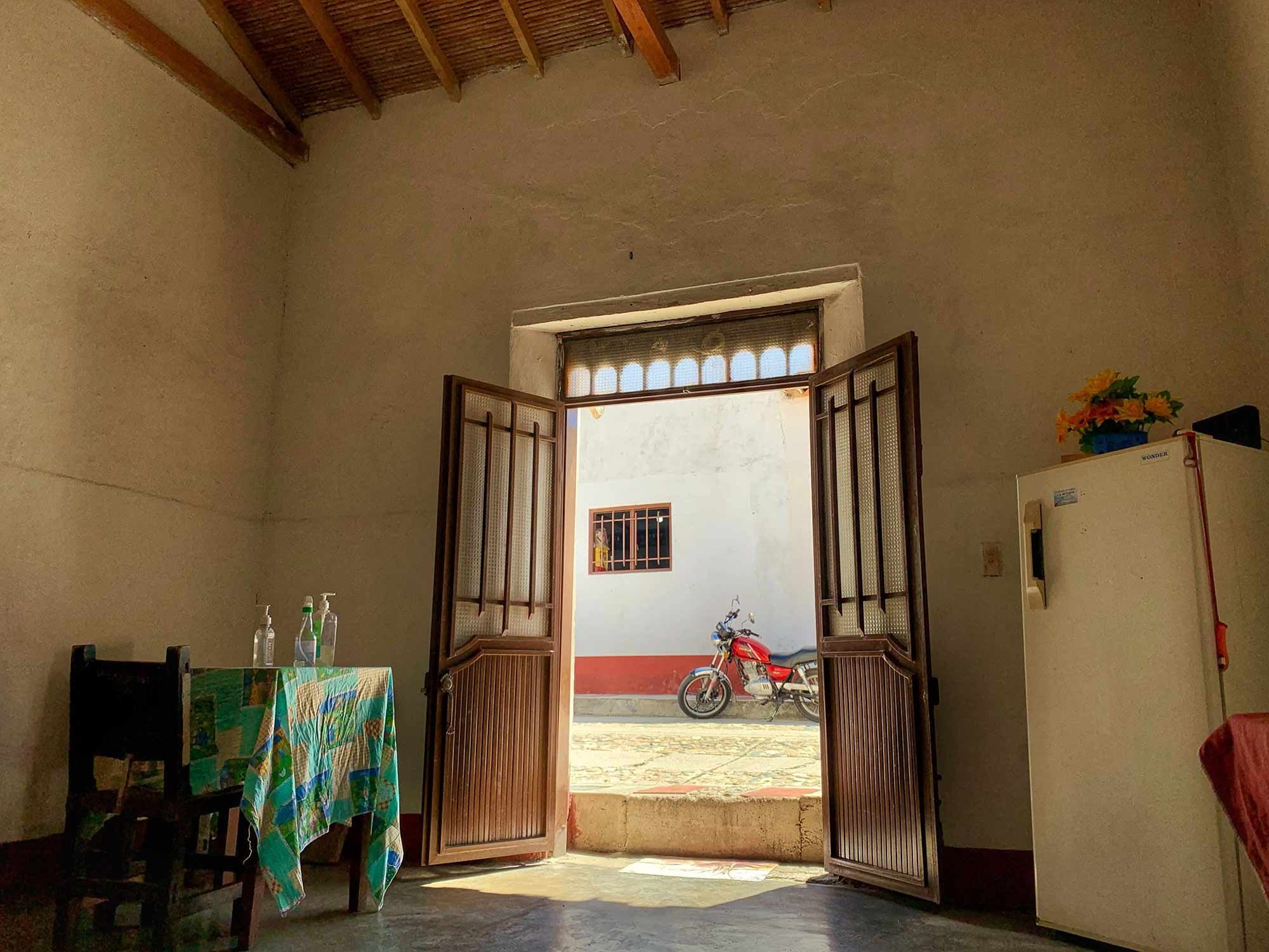 From inside a local restaurant, with La Negra at my feet. Motorcycles are the most common method of transportation around here; I hope you enjoy the many photos I took of them throughout the town.