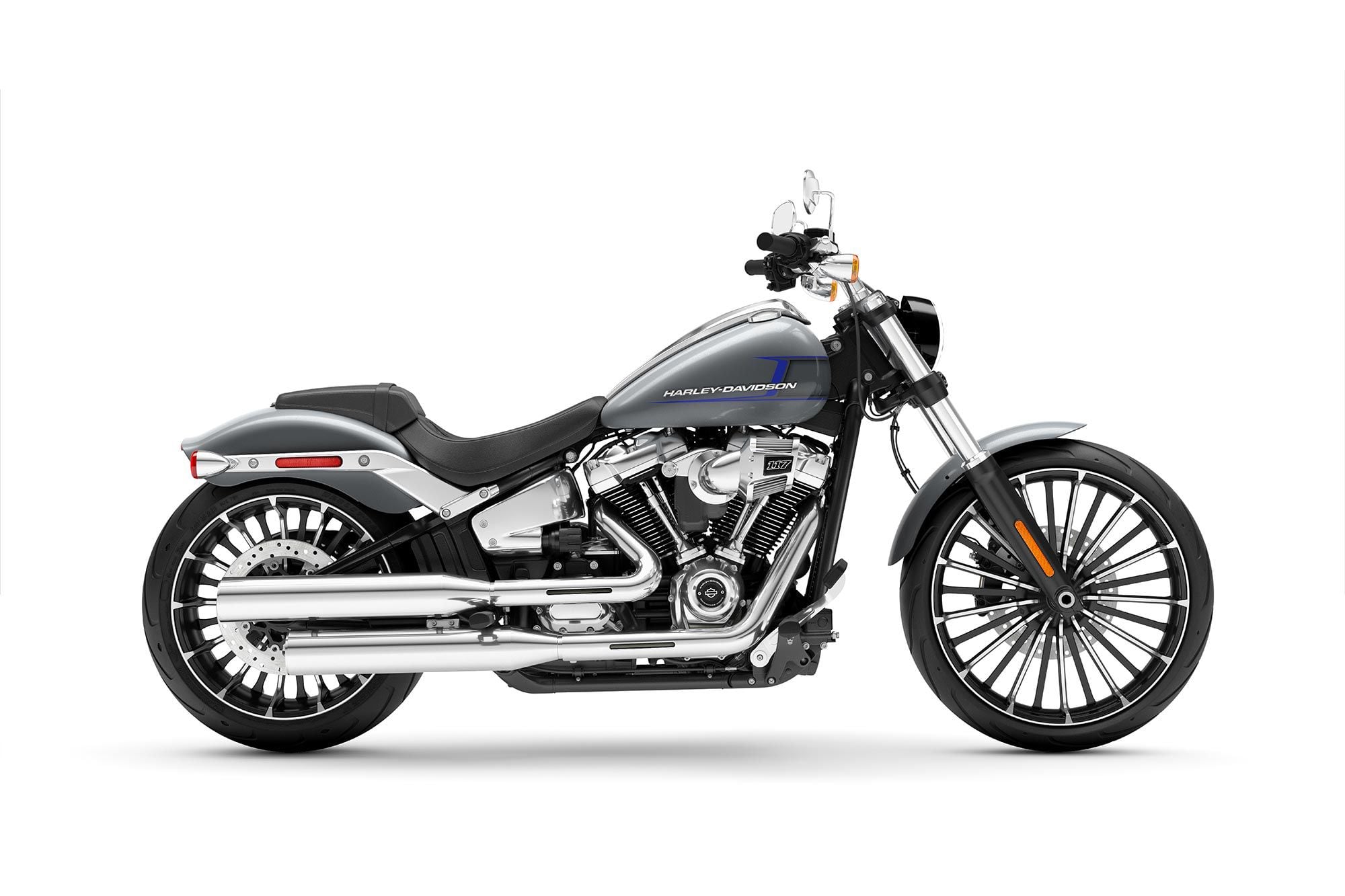 The 2023 Harley-Davidson Softail Breakout, in grey/silver and yet-to-be-named blue logo scheme.