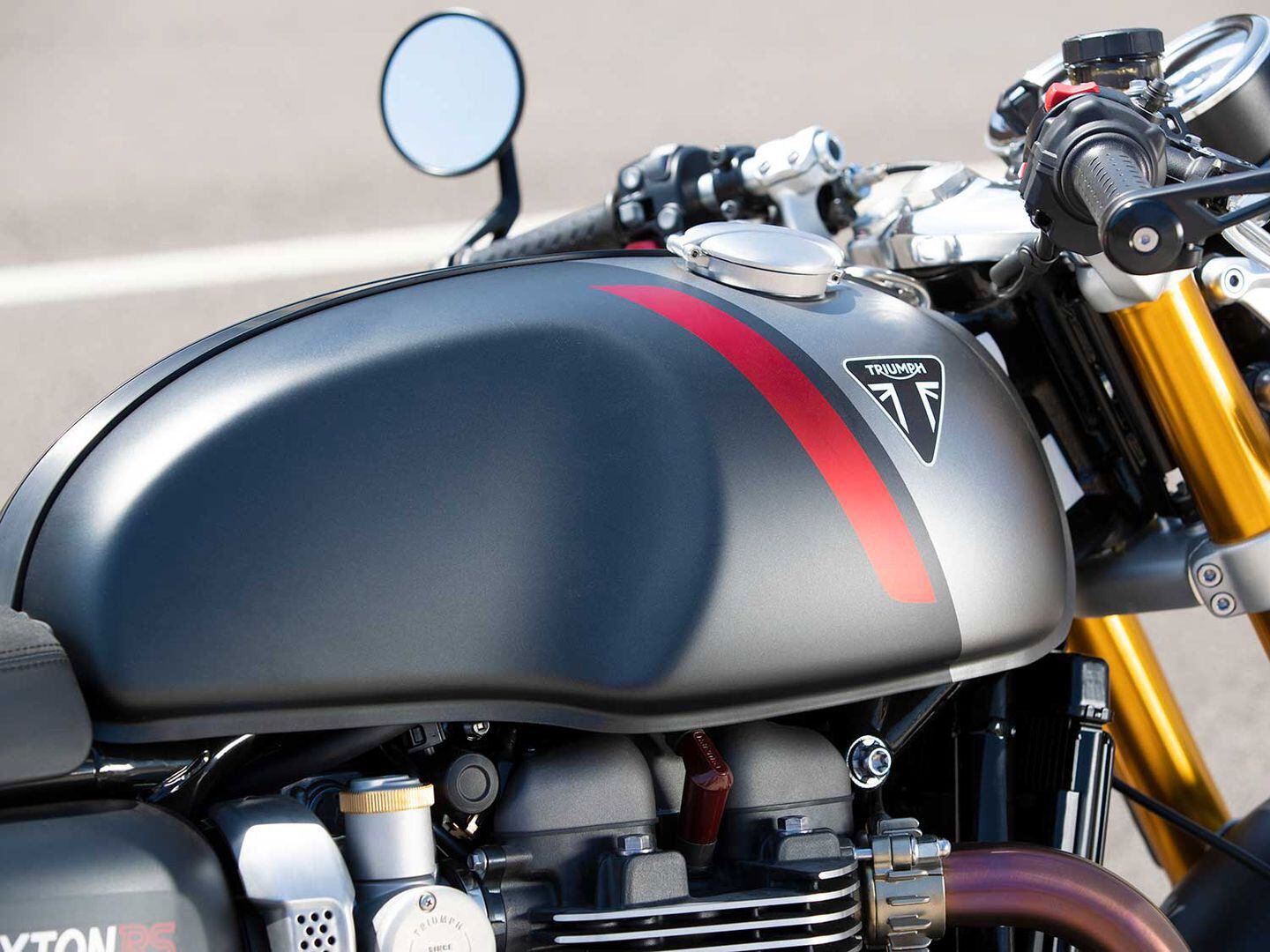 The classic motorcycle tank profile, plus carburetor-esque fuel injection. 2020 Triumph Thruxton.