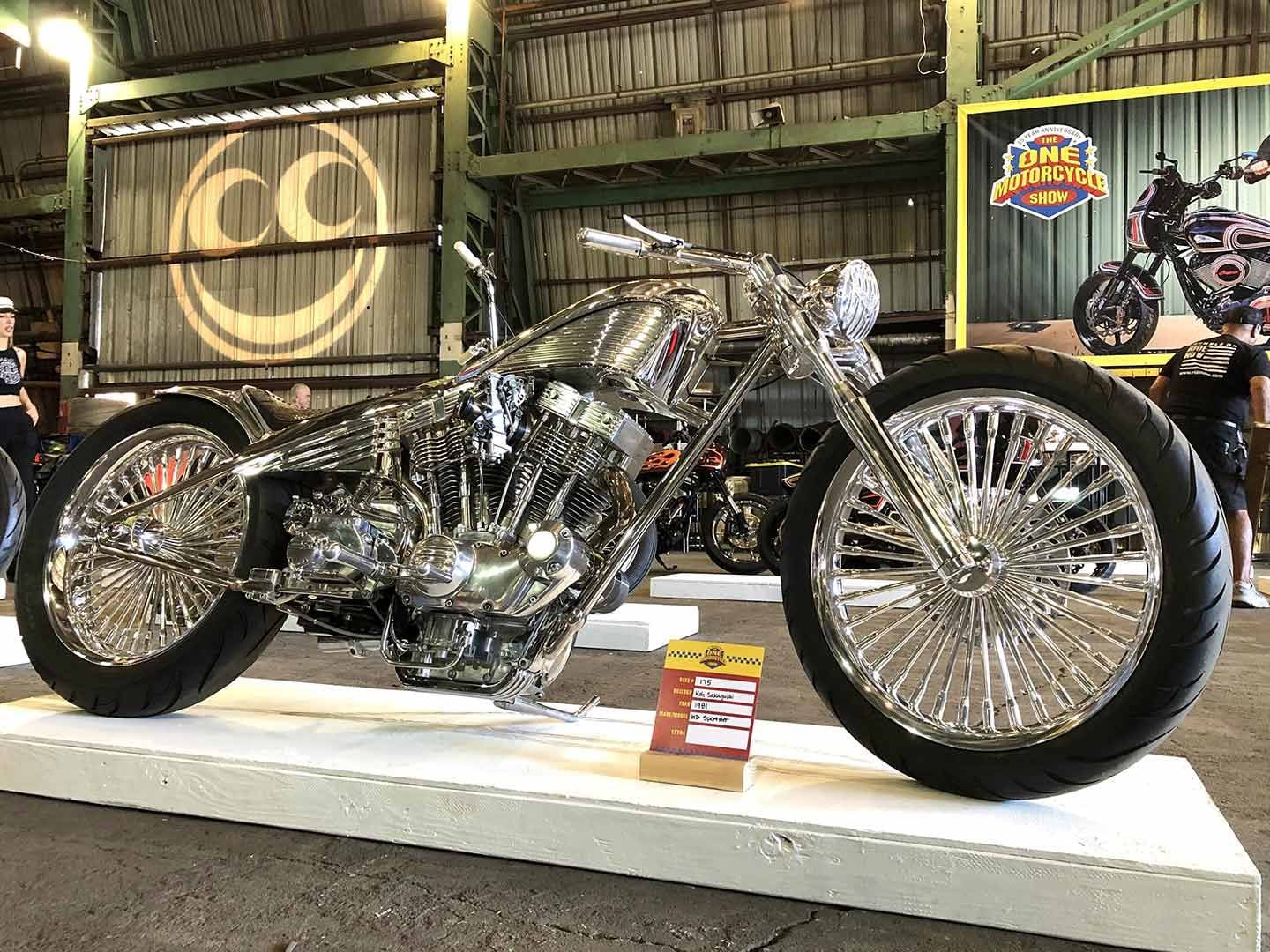 Right up at the front of the building was Koh Sakaguchi's can't-miss 1981 Sportster-based build, a true work of shimmering moto art.