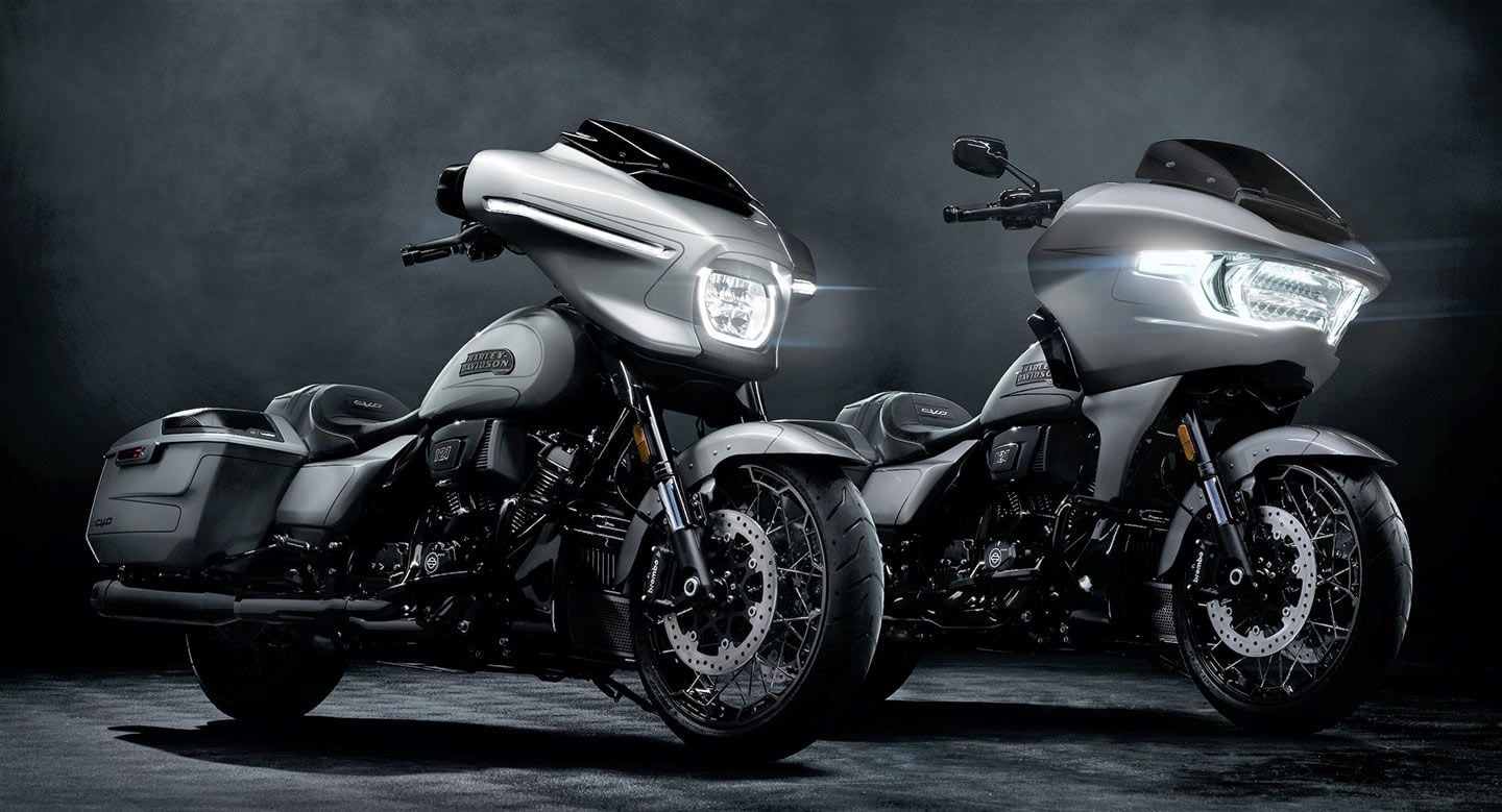The 2023 Harley-Davidson CVO Street Glide and CVO Road Glide, respectively.