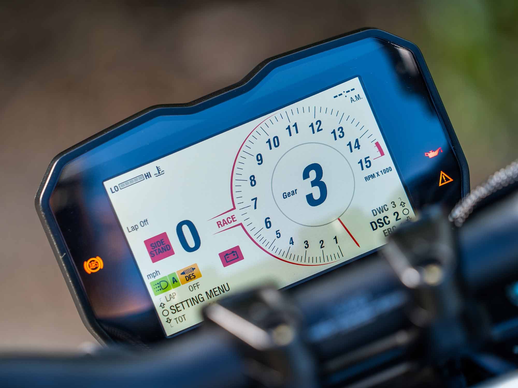 A 5-inch color TFT dash display keeps tabs on machine vitals. The display offers crisp fonts, however the user interface could be improved and the size could be larger compared to rivals in the segment.