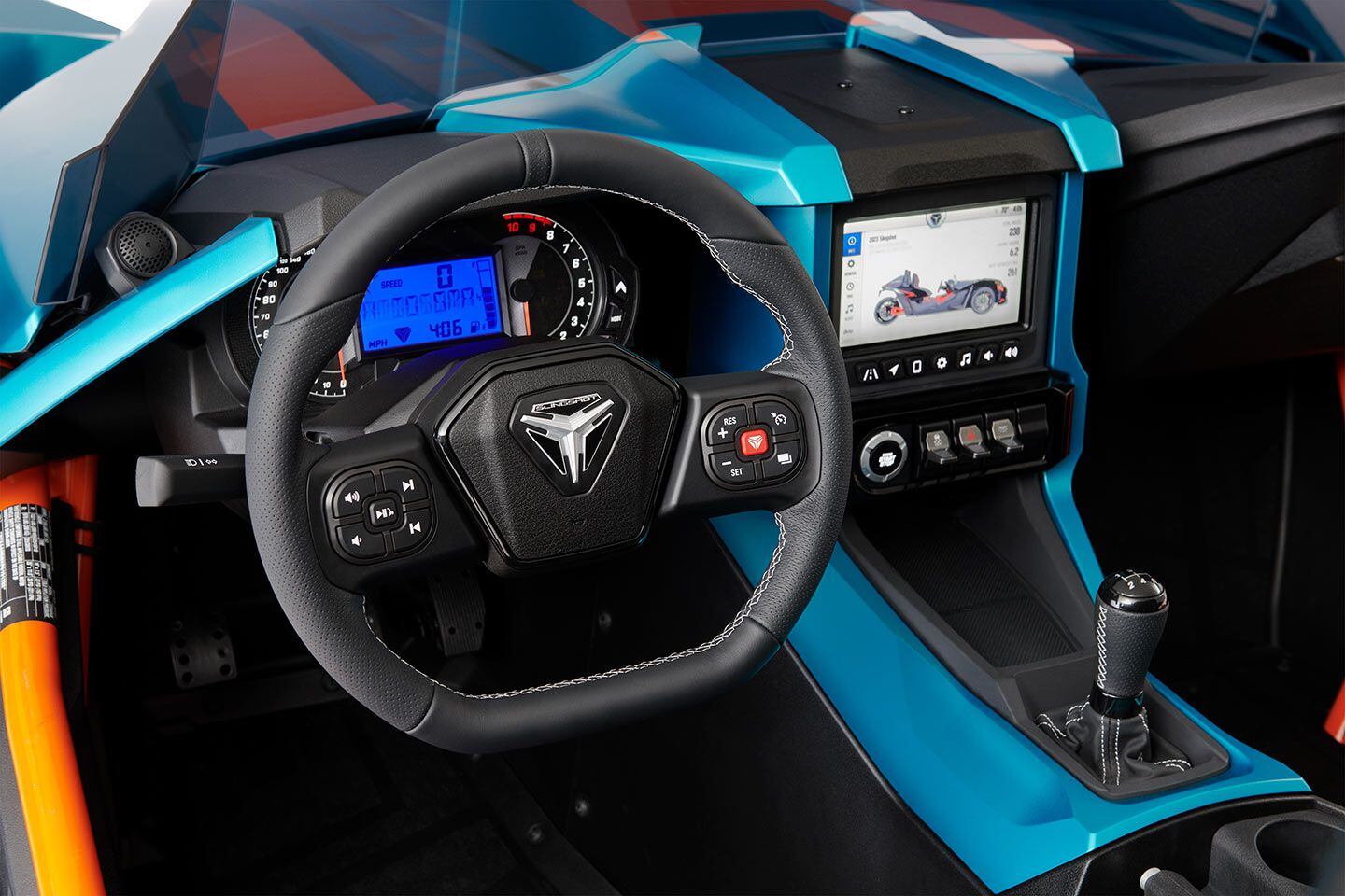 The interior of the Polaris Slingshot R is similar to a low-slung sports car.