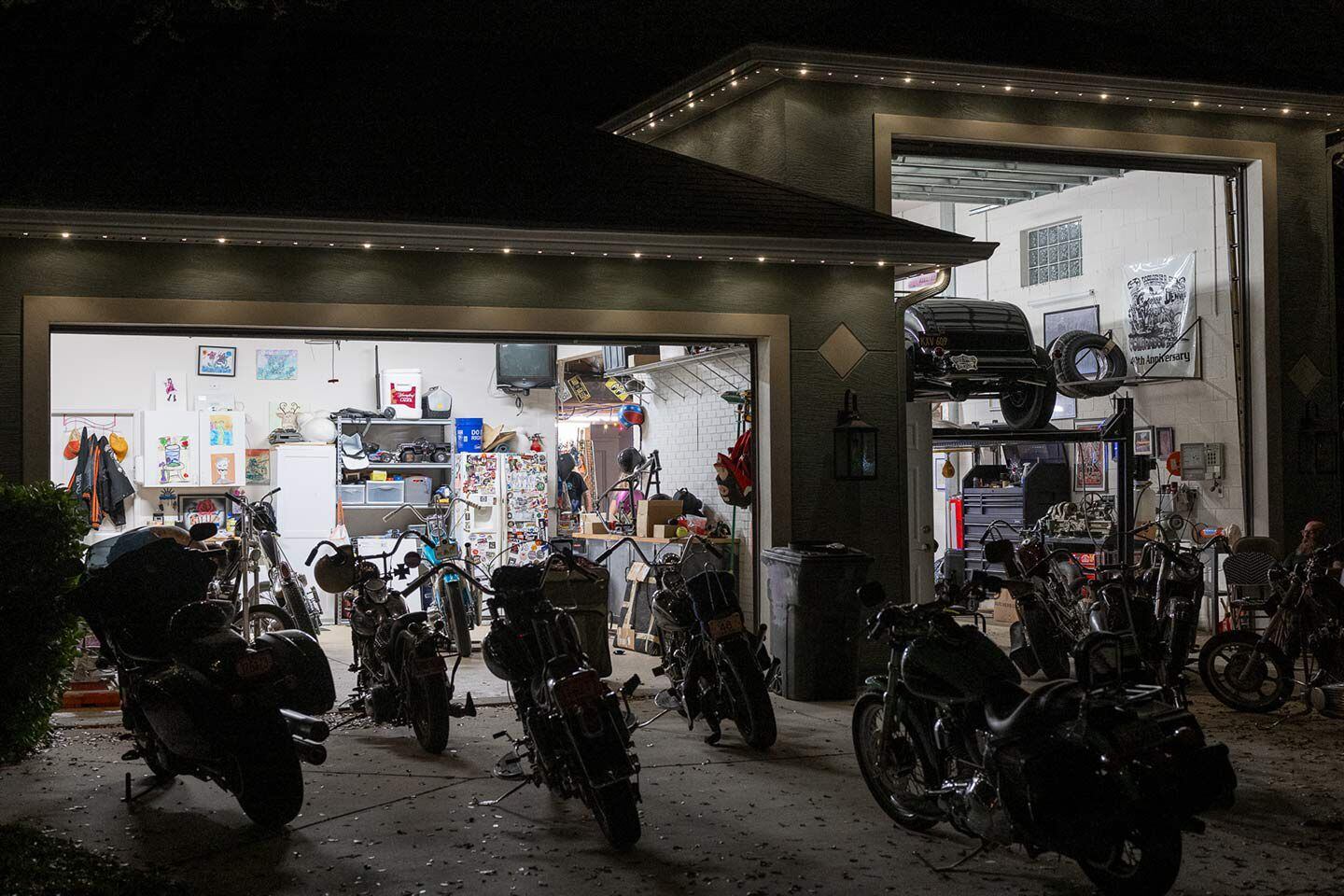 Shop nights rule. The scene at JoJo (of Giuseppe’s Steel City Pizza) Mialki’s house during Daytona Bike Week.