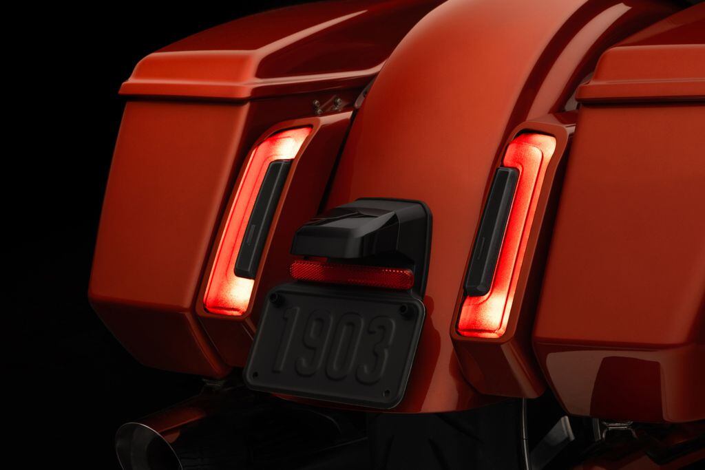 LED taillights are sandwiched between the rear fender and saddlebags. Nearly 69 liters of luggage capacity gives the Street Glide some real utility.