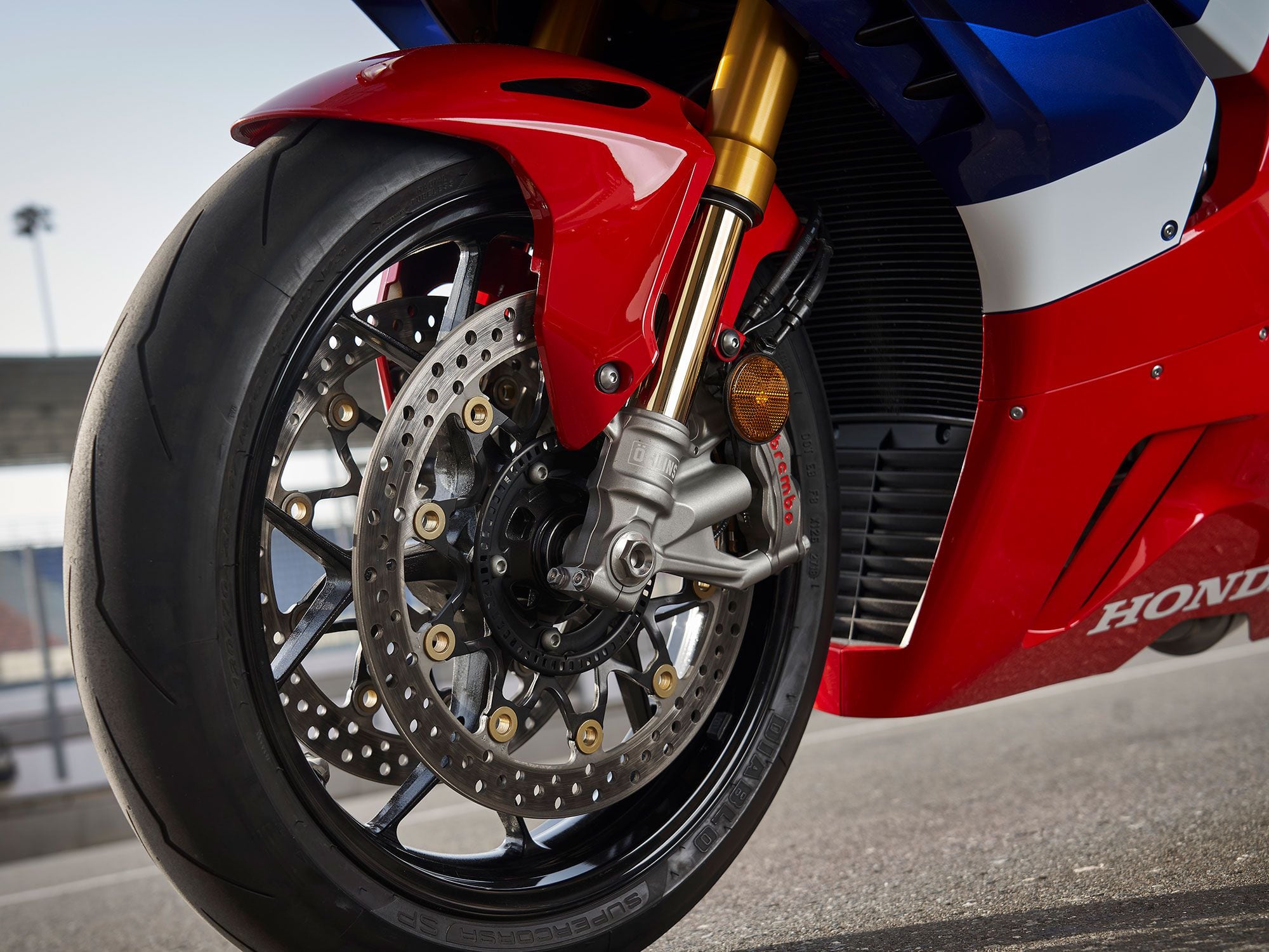 Honda fitted the CBR with a set of top-shelf Brembo Stylema calipers and 330mm discs to bring it to a quick halt.