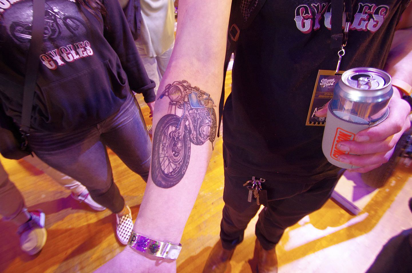 Proof that any motorcycle belongs at this show: Chad Holm’s tattoo of his custom Honda CB360T show entrant, Mama Tried Show.