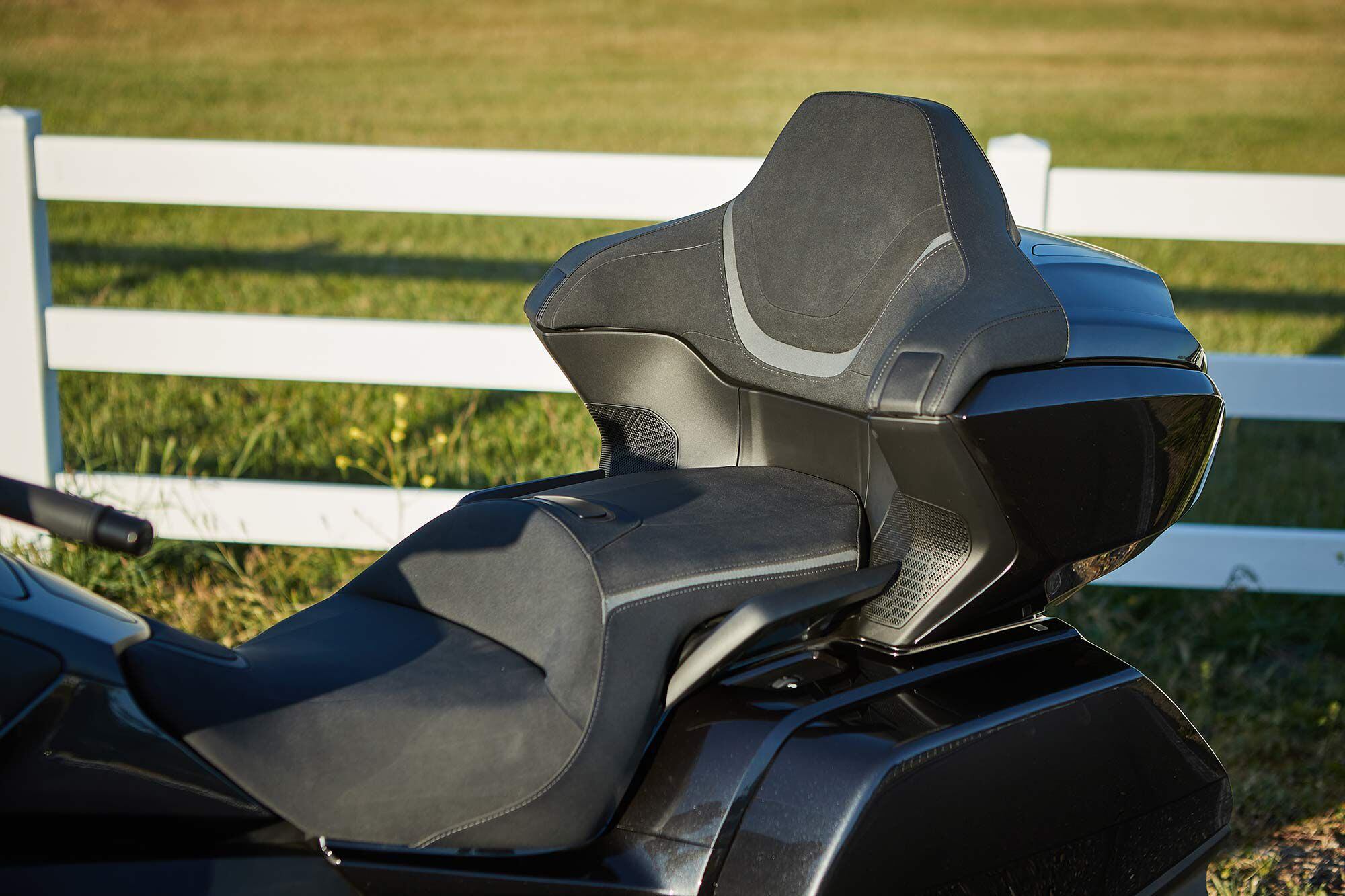 The Gold Wing Tour comes outfitted with a premium suede rider and passenger seat. It’s about as comfy as a motorcycle seat gets and is well-suited to long days in the saddle.