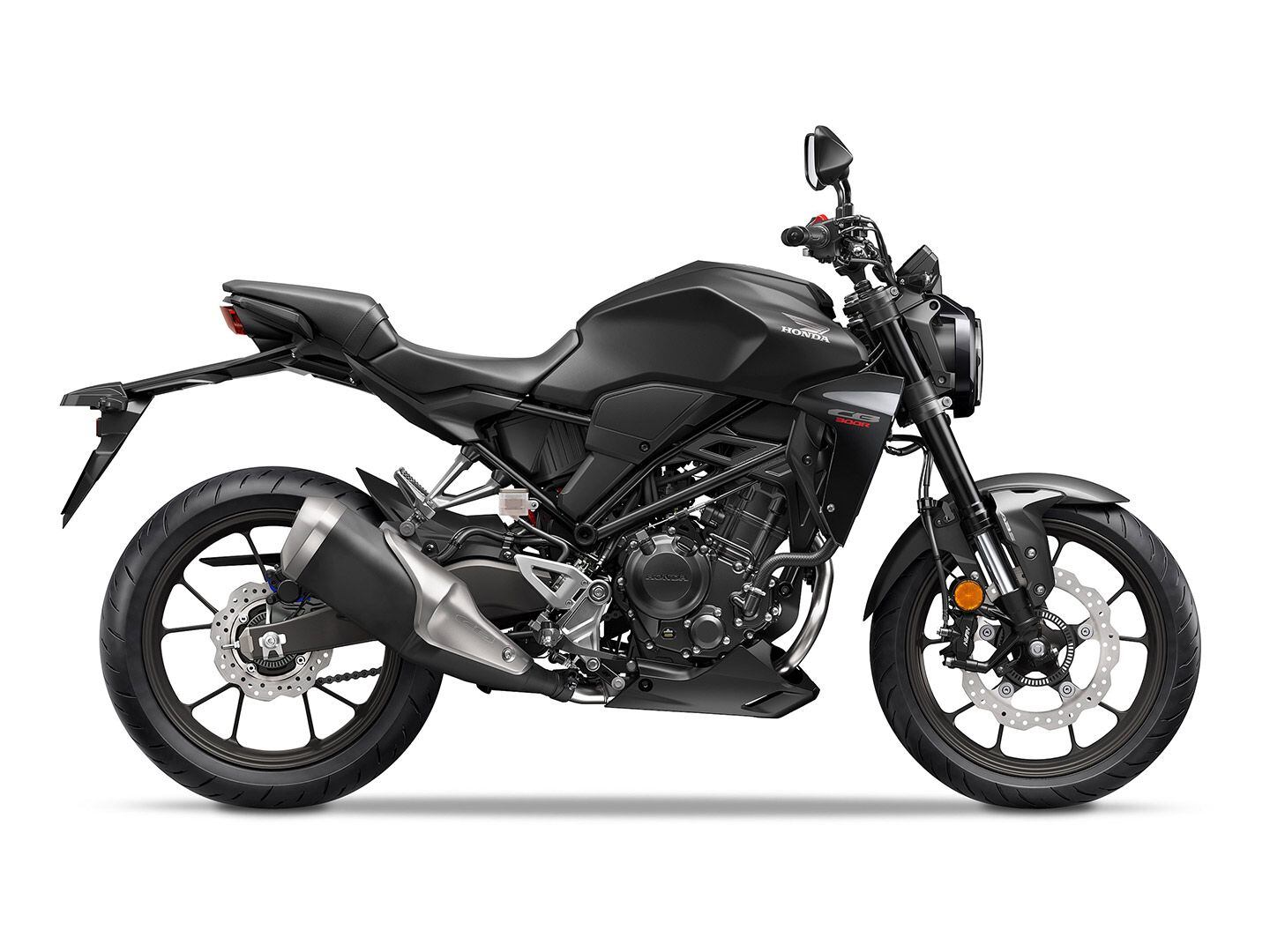 Honda’s CB300R is back in the US lineup for the 2024 model year with no changes. ABS is standard.