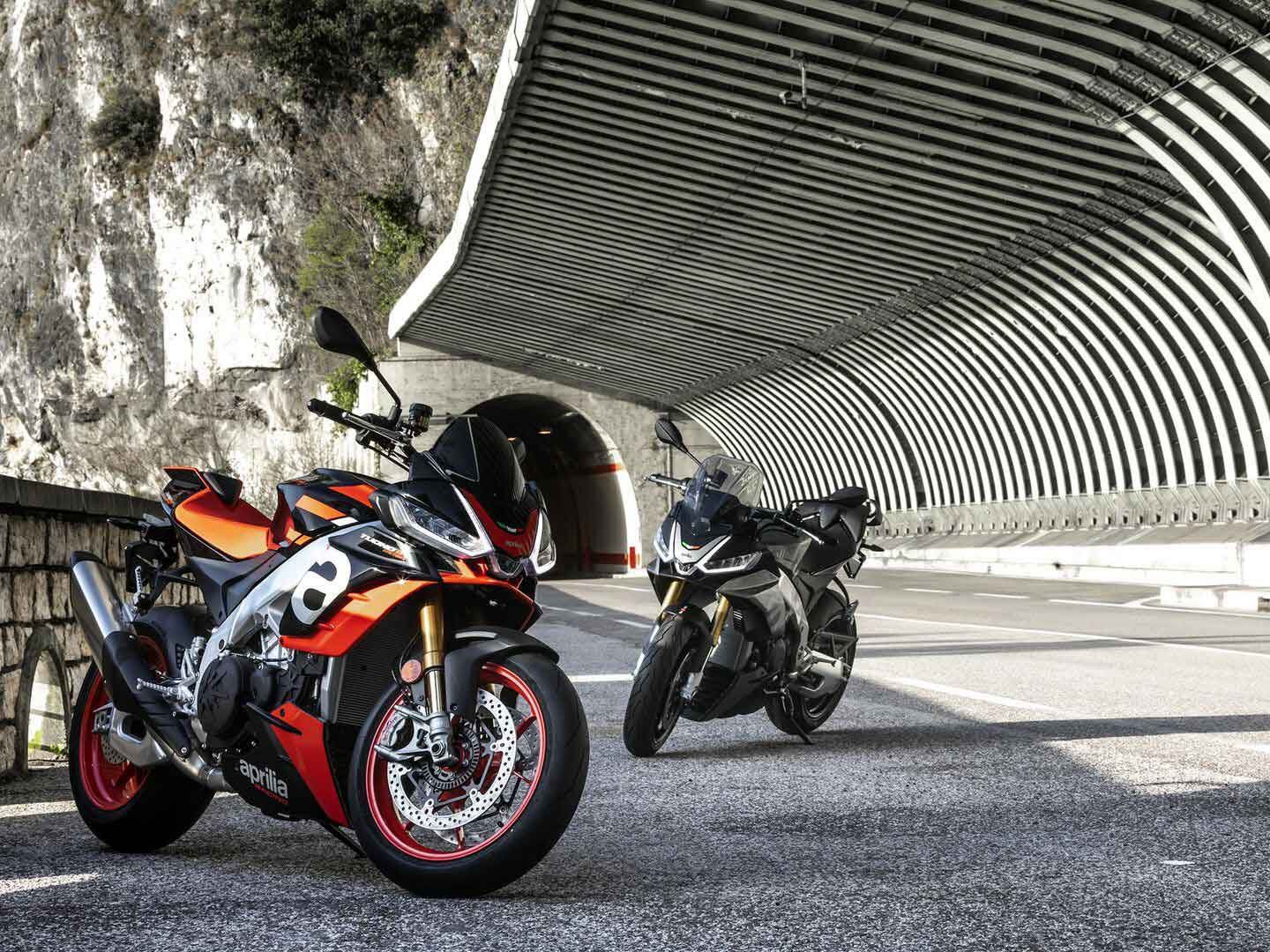 Philosophical question: Are motorcycles fun when not being ridden? A pair of 2022 Aprilia RSV Tuonos await your response.