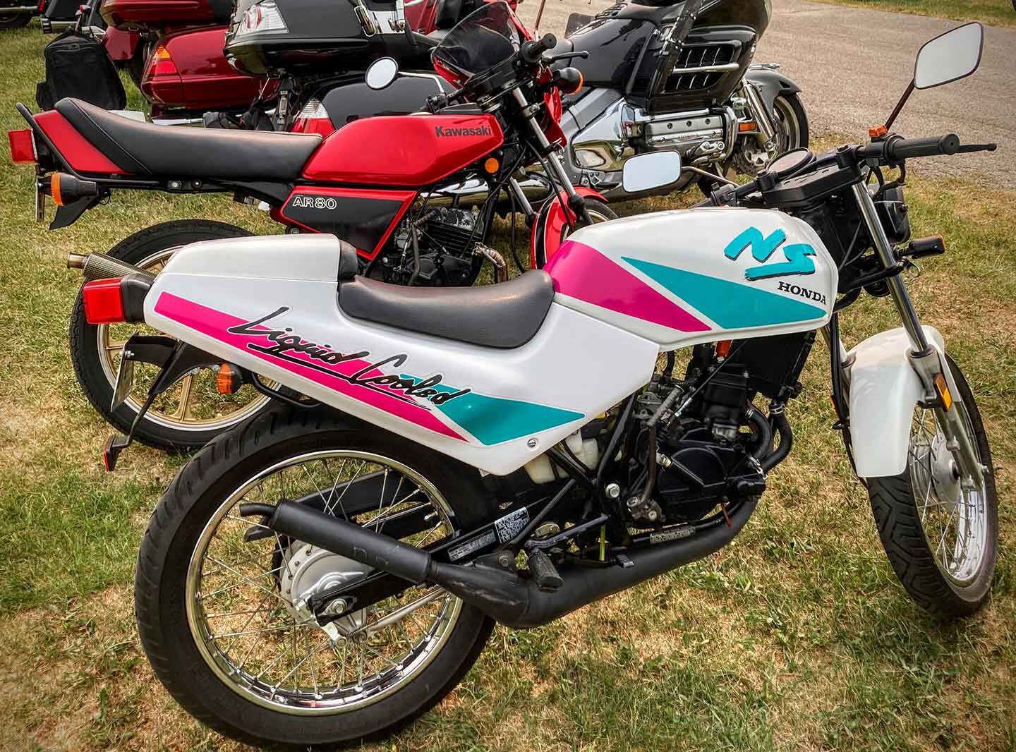 One of around 200 Honda NS50Fs in existence in the USA, with an equally rare Kawasaki AR80 in the background.