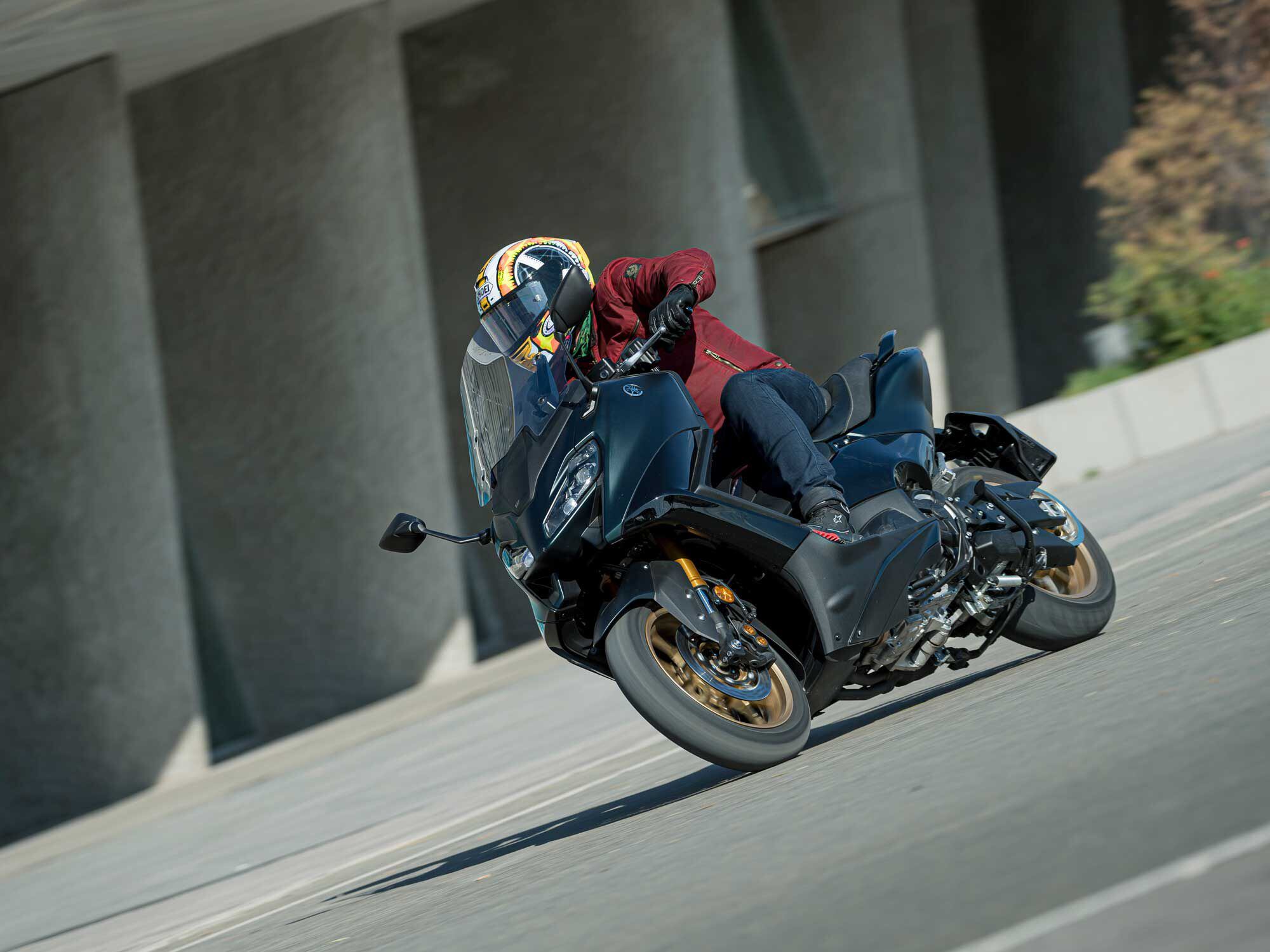 The TMAX is aimed at seven-day users, commuting in the week, fun riding at the weekend.
