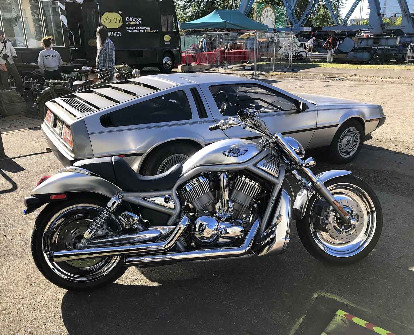 There was also a separate car show going outside the confines of the hangar building. We dug this interesting V-Rod meets DeLorean pairing parked at the back.