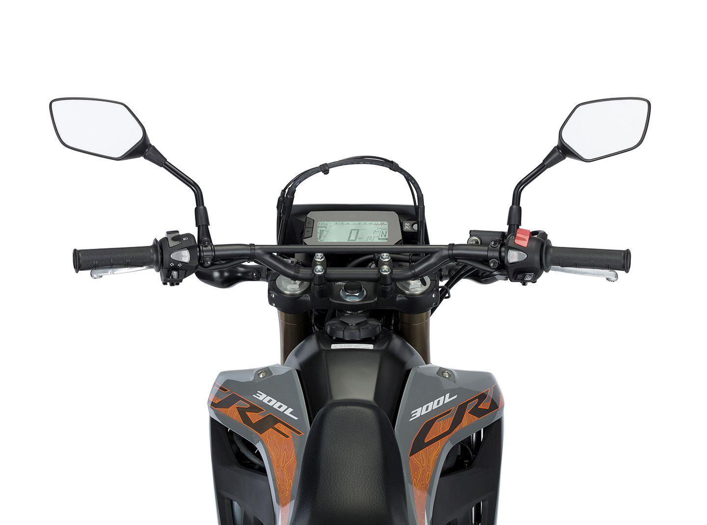 Here’s a view of the CRF300LS’ cockpit. The black-on-white display includes a speedometer, tachometer, clock, gear position indicator, fuel mileage, and fuel indicator.