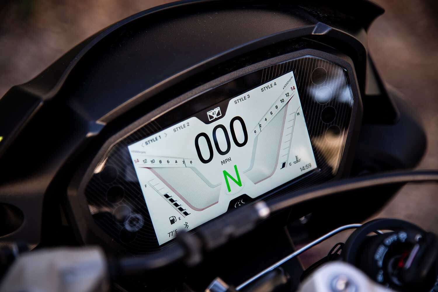 The Street Triple’s 5-inch TFT display screen offers a three-digit speedometer that begs for acceleration.