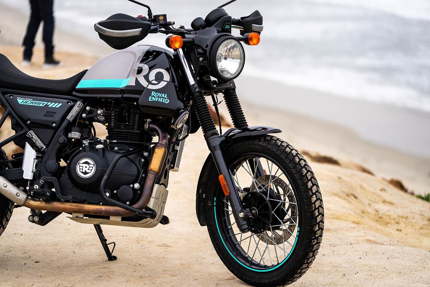 In traditional scrambler spirit, the Scram rolls on a larger-diameter spoked 19-inch front wheel similar to a flat-track bike.