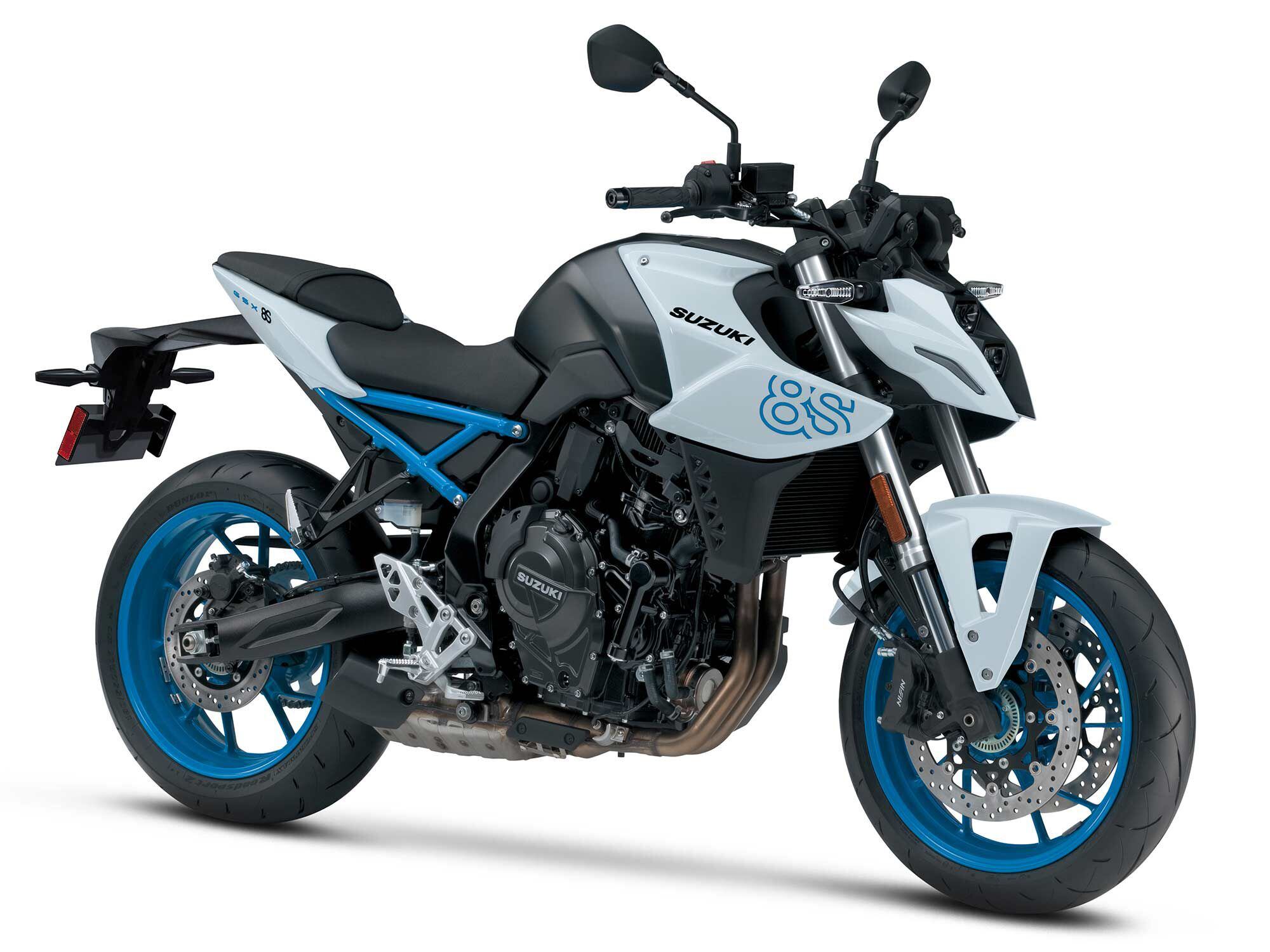 The GSX-8S is available in three color options: white with blue wheels and subframe (seen here), blue with blue wheels and subframe, and all black.