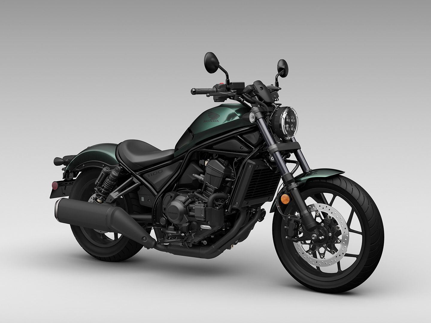 The 2023 Rebel 1100 in Green Metallic. The pinnacle of the Rebel lineup, the 1100 is a landing point for scores of riders who have cut their teeth on the Rebel 300 and Rebel 500. A low 27.5-inch seat-height, adjustable power delivery, and optional automatic transmission mean the leap from 500 to 1100 isn’t too great.