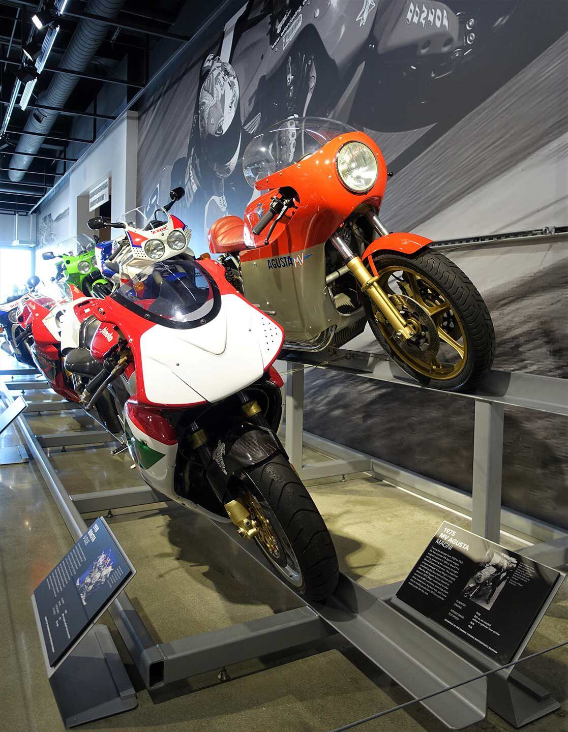 Classy Italians: the 1998 Bimota V-Due, introduced as the first production two-stroke motorcycle with electronically controlled direct fuel injection, and the 1975 four-cylinder MV Agusta Magni, named after MV race team manager Arturo Magni.