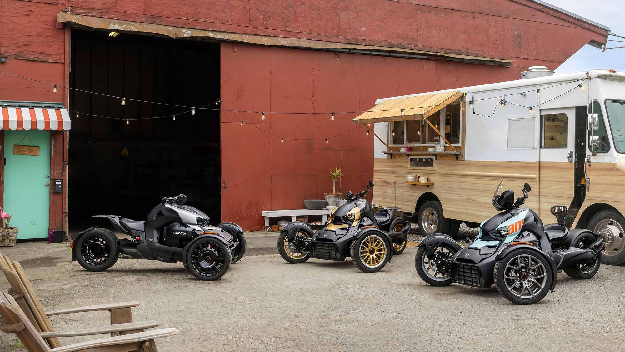 The Can-Am Ryker Rally, Ryker Sport, and Ryker with Ice Pop Blue option.