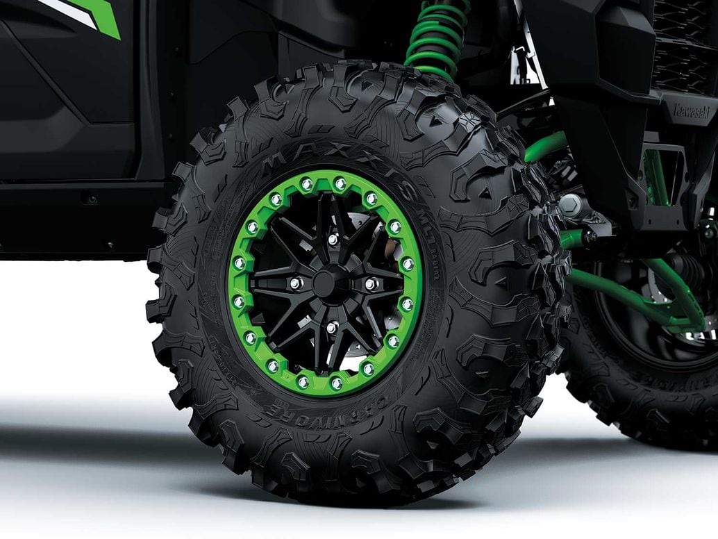 Massive 31-inch Maxxis Carnivore tires add to the aggressive stance of the 2020 Kawasaki Teryx KRX 1000.
