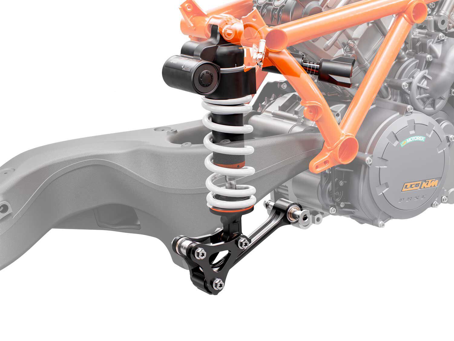 The redesigned rear suspension delivers a significant handling improvement for the 1290 Super Duke R. The chassis is less hyper and more planted at an elevated track pace.