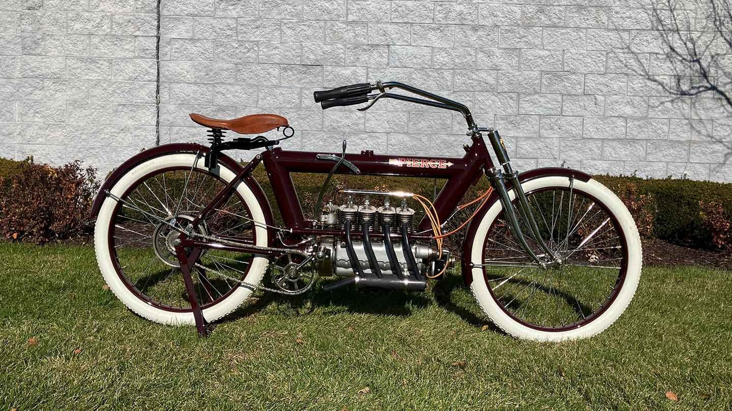 From engine configuration to oversized frame tubing, the 1912 Pierce Four drew many points of inspiration from its automobile division for its motorcycles.