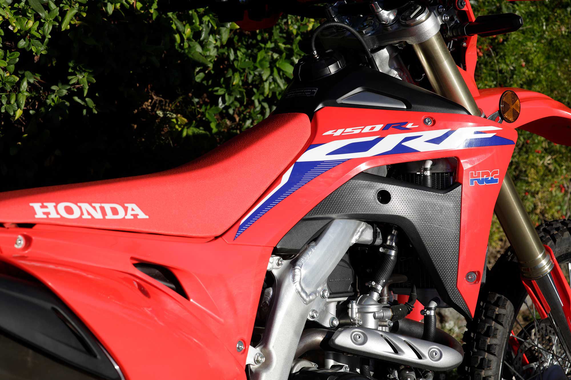 Because it’s a dirt bike, Honda’s CRF450RL offers room only for the rider. The seat height is tall compared to most streetbikes.