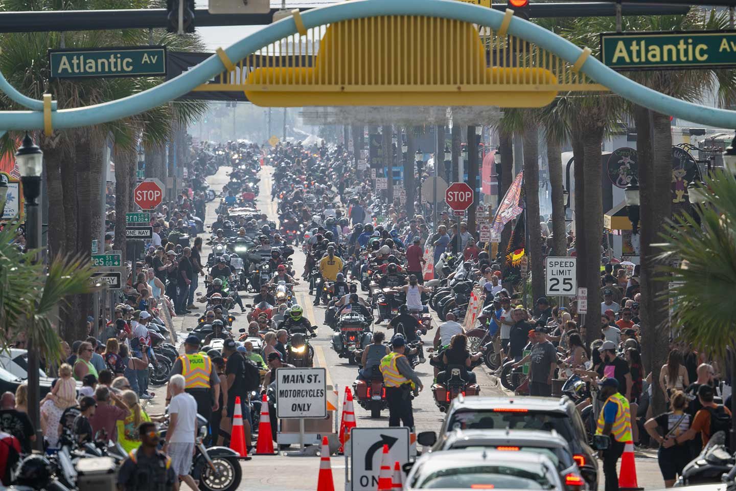 Main Street packed with bikes and closed to cars. Because, Bike Week.