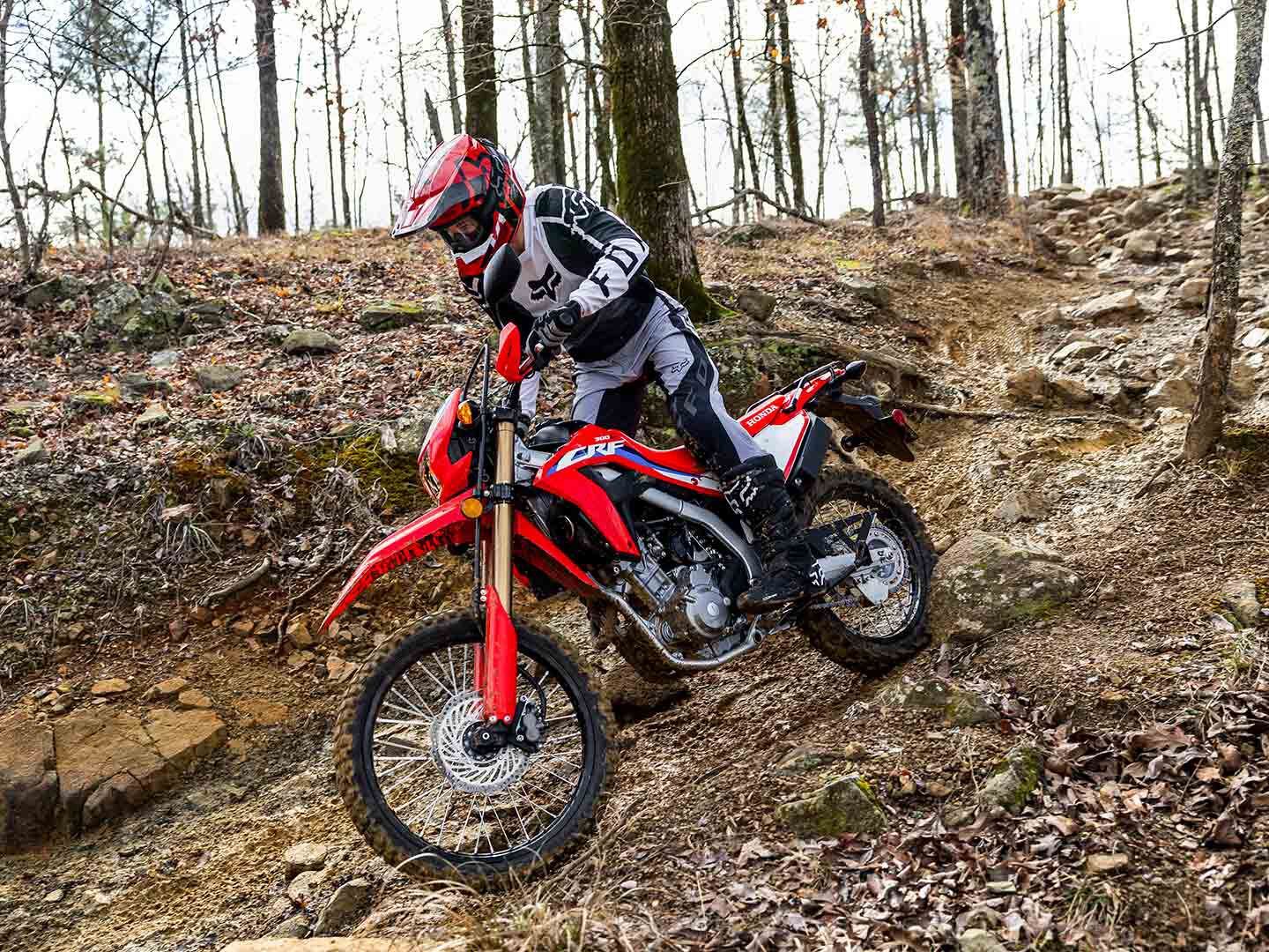 The 2023 CRF300L lineup expands by one. Now the CRF300L (shown) and its ABS version are joined by the CRF300LS.