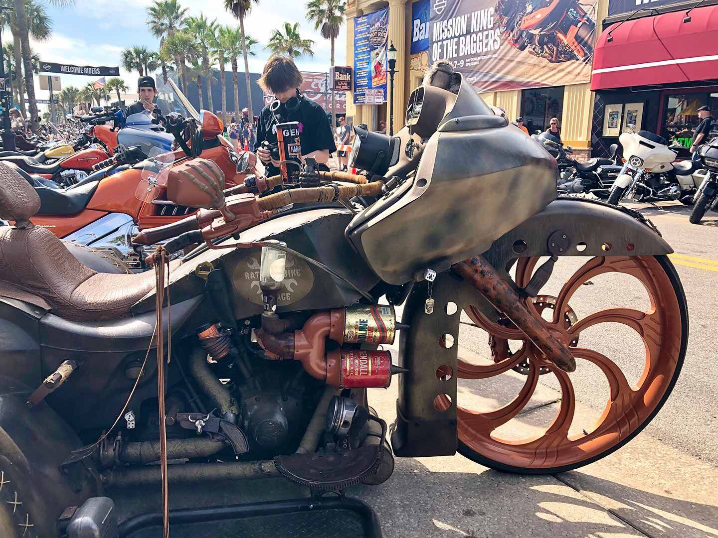 Customs, one-offs, and insane theme bikes were out in force on Main Street. This big-wheel rat bike bagger drew crowds all day long.
